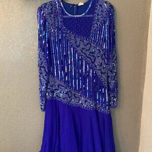80’s Vintage Sequin Beaded Long Sleeve Evening Dress - Cobalt Blue